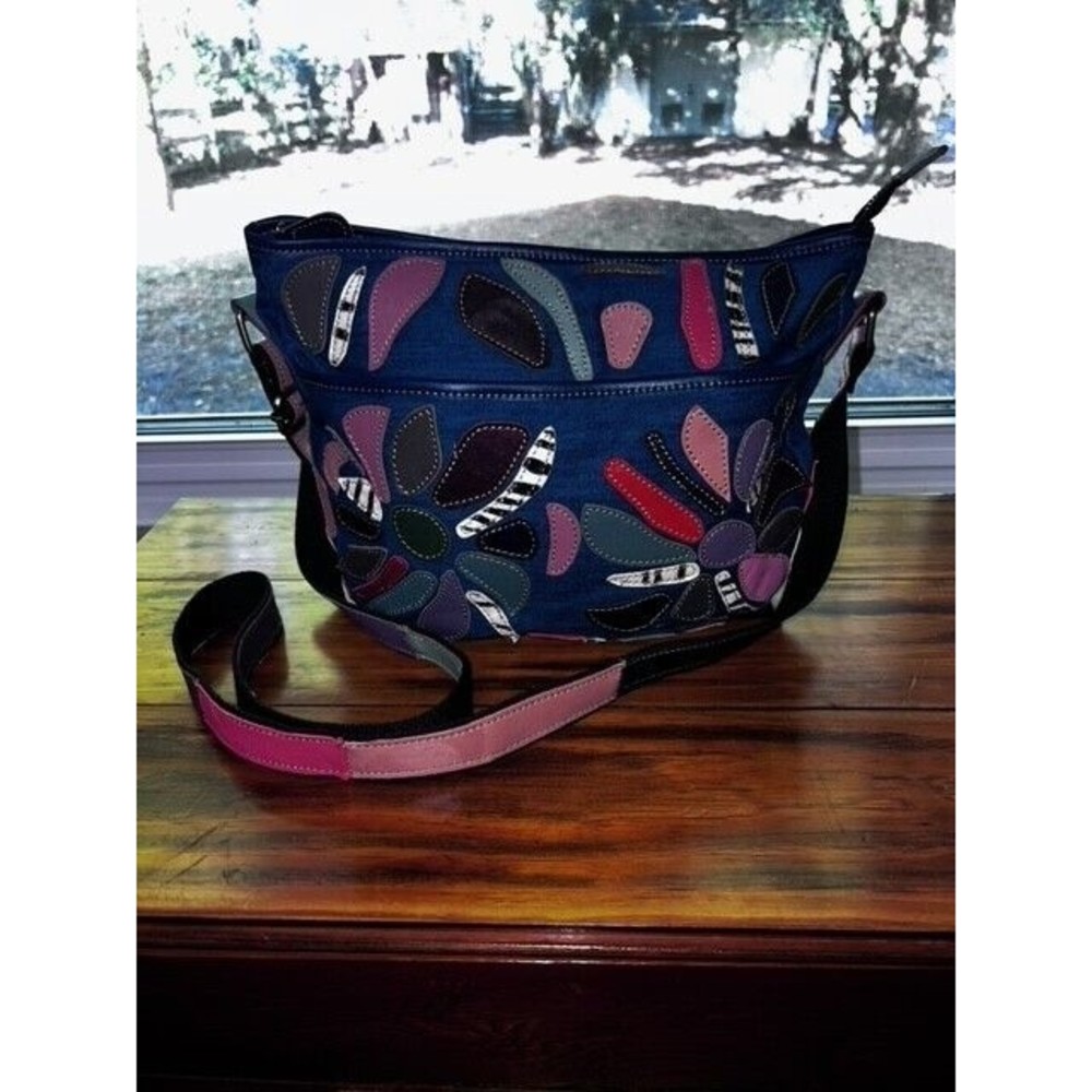 AmeriLeather Boho Shabby Chic Leather/Denim Crossbody Bag